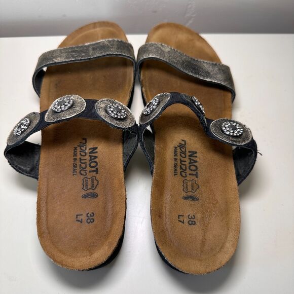 Naot Womens Marissa Sandal Size 38 7 Silver Pewter Leather Low Wedge Slide Shoe - Picture 3 of 11